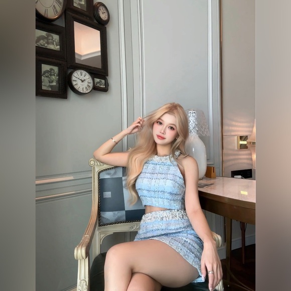 Woppei blue tweed embellished halter neck crop top and skirt set - Picture 2 of 5